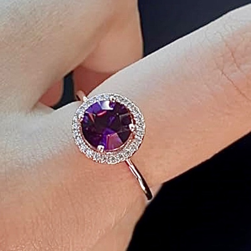 Dainty Amethyst Halo 14k White Gold February Birthstone Ring - Picture 3 of 11